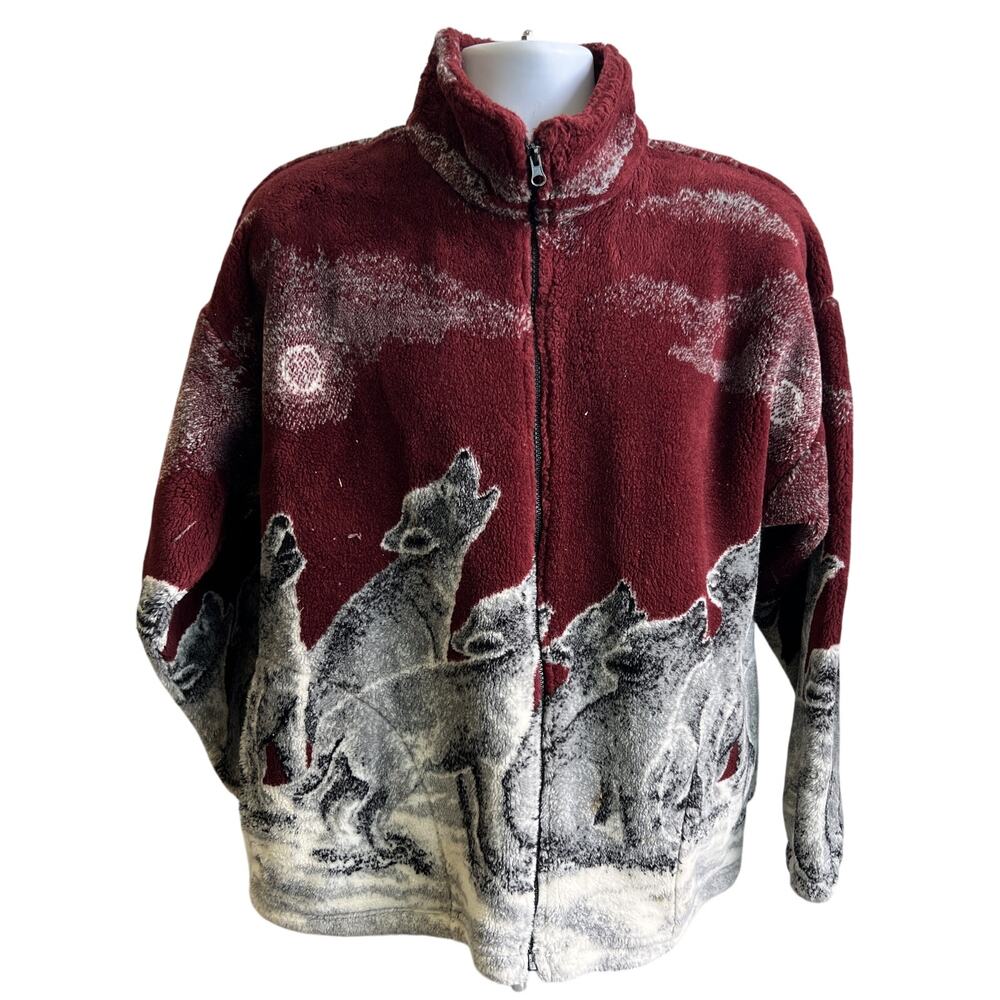 🐺Mazmania M Burgundy Wolves Full Zip Fleece Made USA Vintage 90s Cozy Cabin